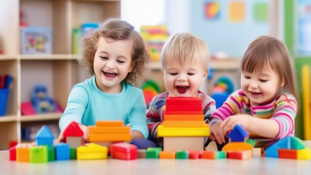 Preschool children playing with colorful educational toys in a bright classroom, play-based learning scene