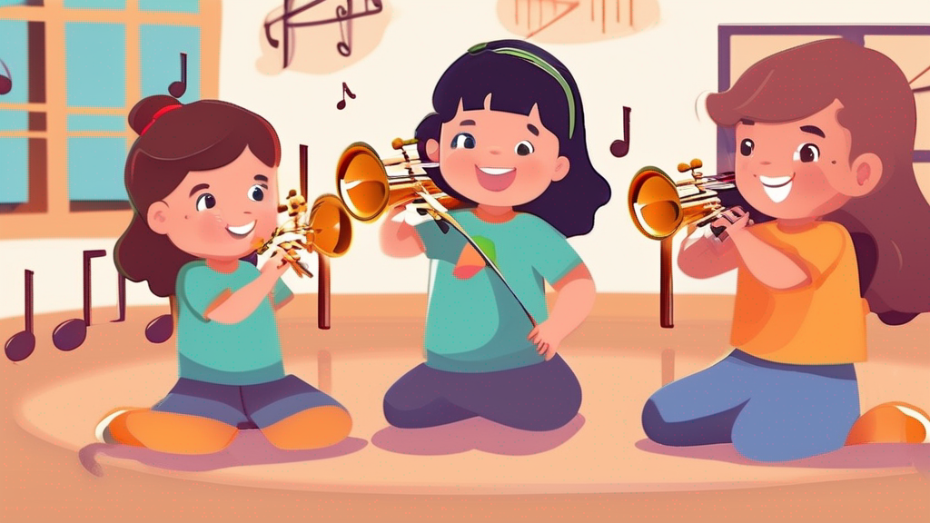 Preschool music class with children playing xylophones and drums, music learning