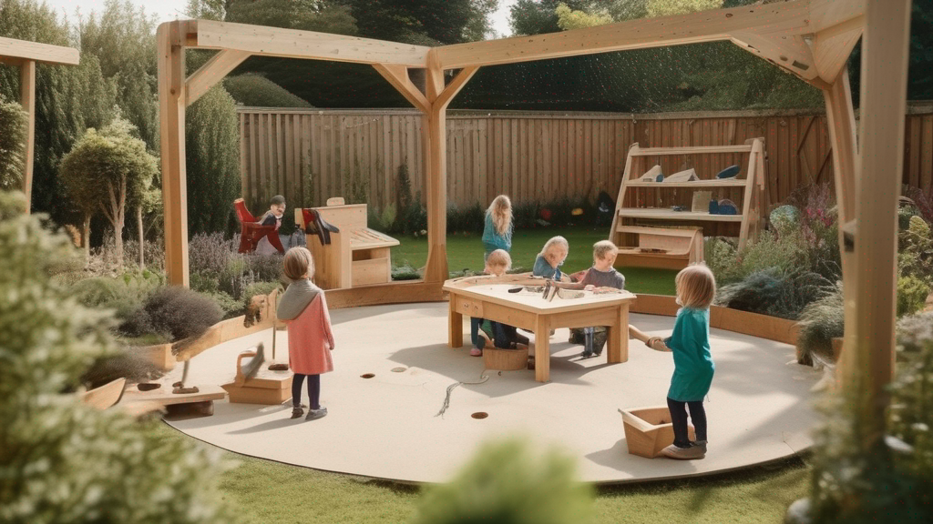 Children learning outdoors in garden classroom with chalkboard and natural elements