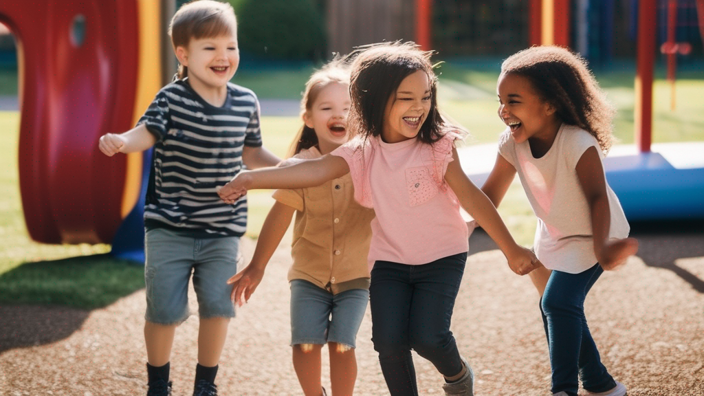 Group of young kids laughing and playing together on playground, social bonding