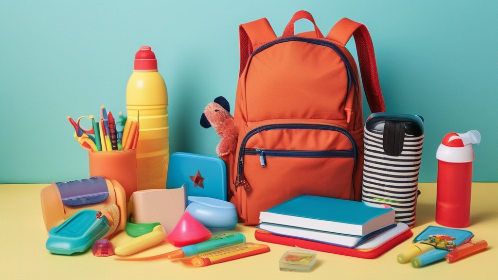 Open preschool backpack with essentials like lunchbox, water bottle, books, crayons