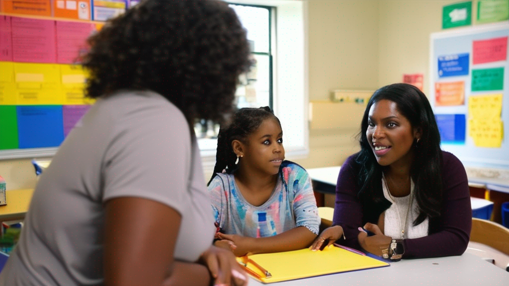 Parents talking to preschool teacher during a school visit, classroom background