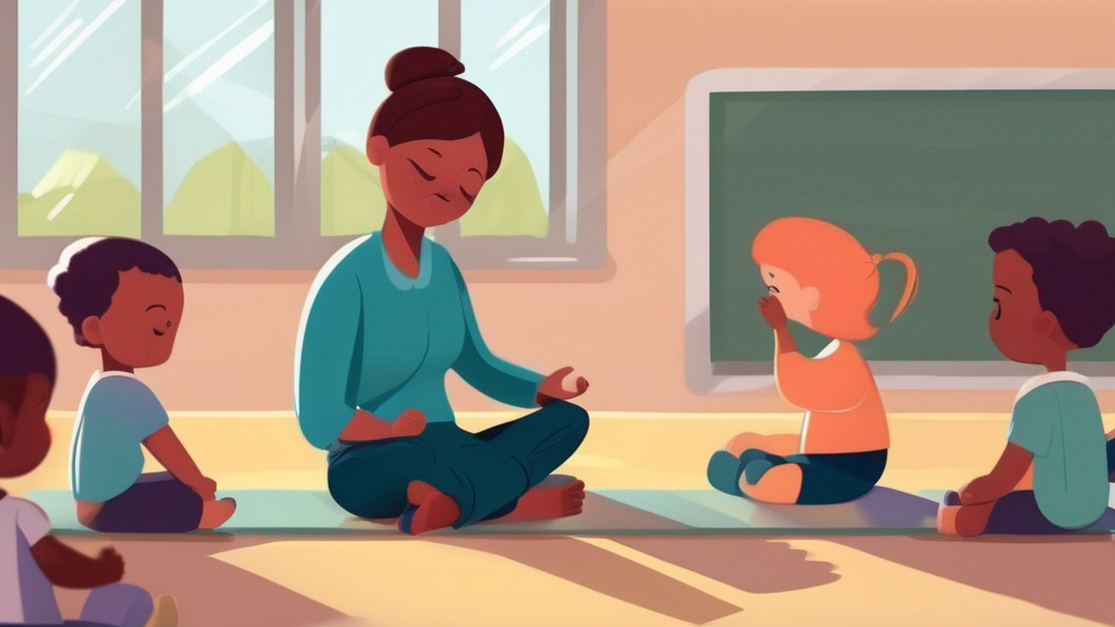 Preschoolers sitting cross-legged meditating with calm expression, mindfulness class