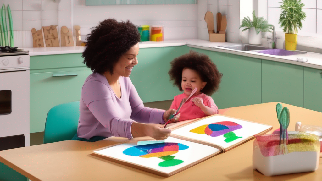 Parent and toddler doing learning crafts together at home table, DIY preschool fun