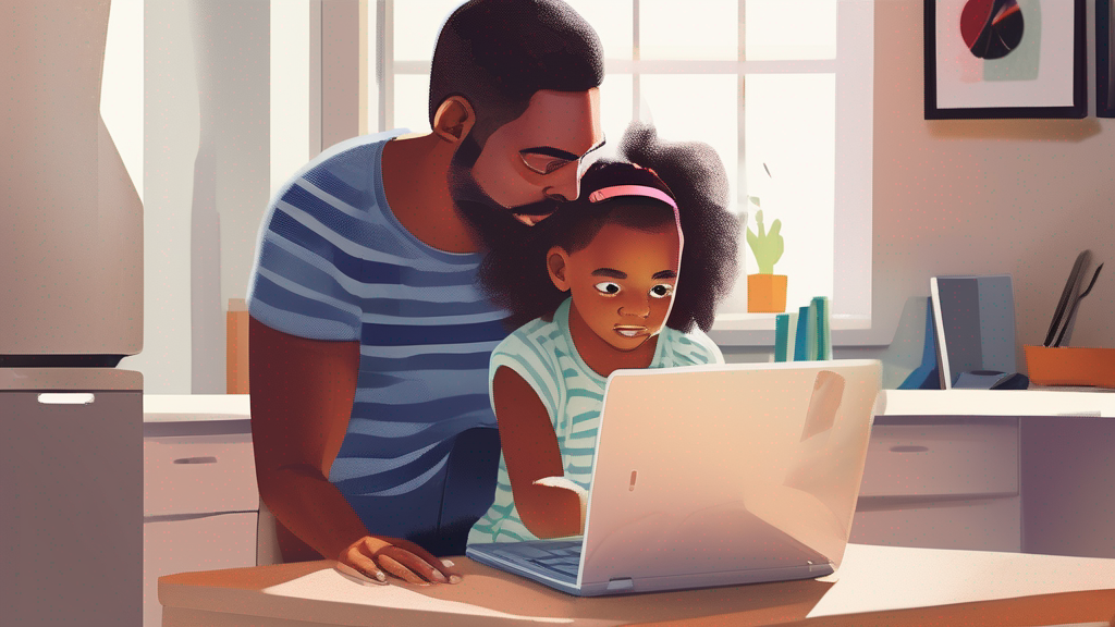 Parent browsing preschool questions on laptop while child plays nearby