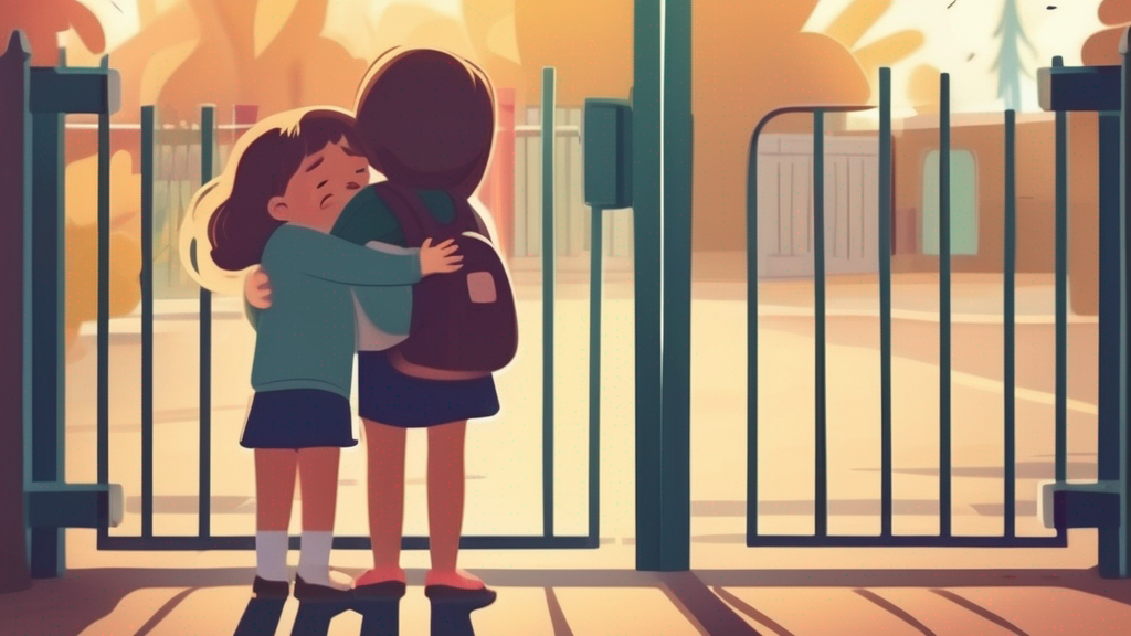 Emotional toddler hugging parent goodbye at preschool entrance