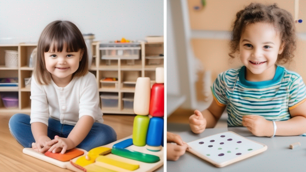 Split scene of Montessori shelf activities vs. play-based free play classroom