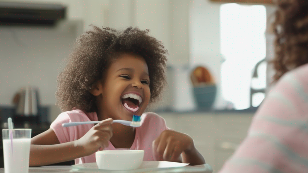 Toddler brushing teeth, packing bag, and eating breakfast with parent before preschool