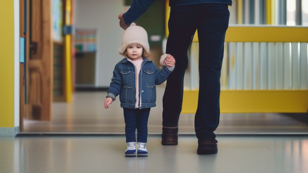 Nervous toddler holding parent’s hand outside a preschool building on first day