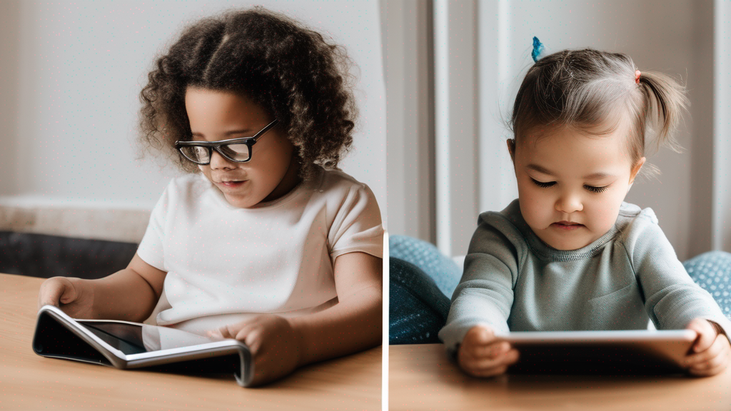 Split scene of child watching tablet vs. parent reading storybook, screen vs. story time comparison