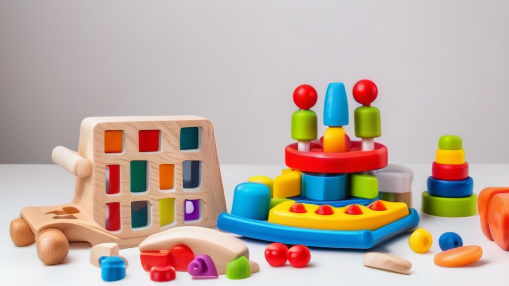 Flat lay of popular learning toys for toddlers, colorful and educational