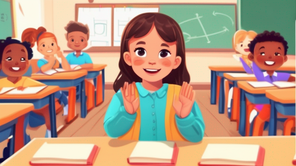 Confident young girl raising hand in preschool classroom with teacher nearby