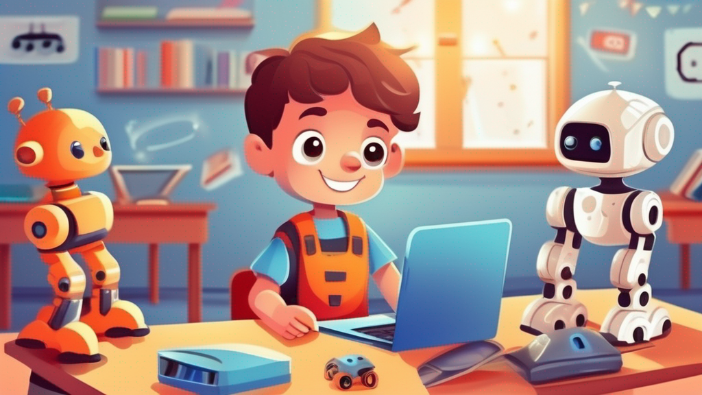 Young child using coding toy or tablet with educational robot, preschool tech class